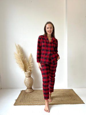 Домашняя женская пижама в клетку красно/черная (рубашка+штаны) 2342054928 фото
