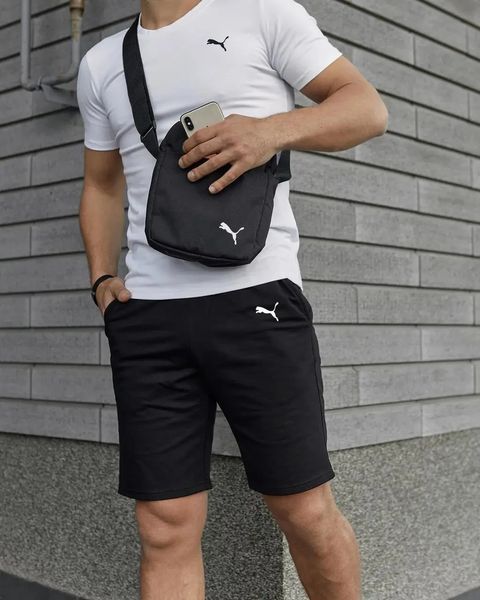 Комплект чоловічий спортивний Puma біла футболка+чорні шорти+чорна барсетка костюм літній пума L 2656523033 фото
