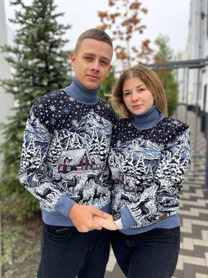 Светр новорічний з оленями чоловічий в'язаний вовняний 2384778179 фото