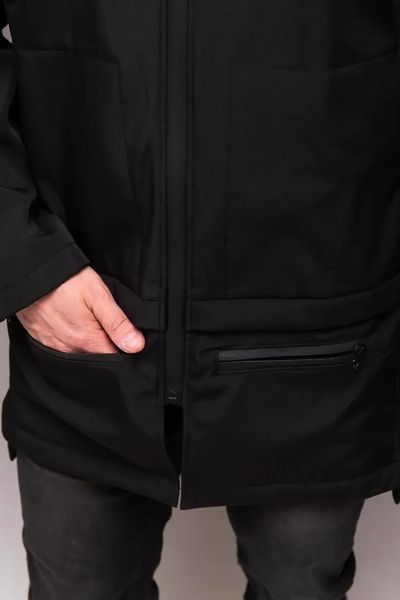 Куртка подовжена чоловіча Softshell чорна на флісі з блискавкою з капюшоном тепла однотонна повсякденна L 2667530474 фото