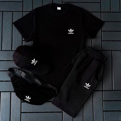 Чоловічий літній костюм Adidas чорний Шорти + Футболка + Кепка + Бананка у подарунок M 2609199324 фото