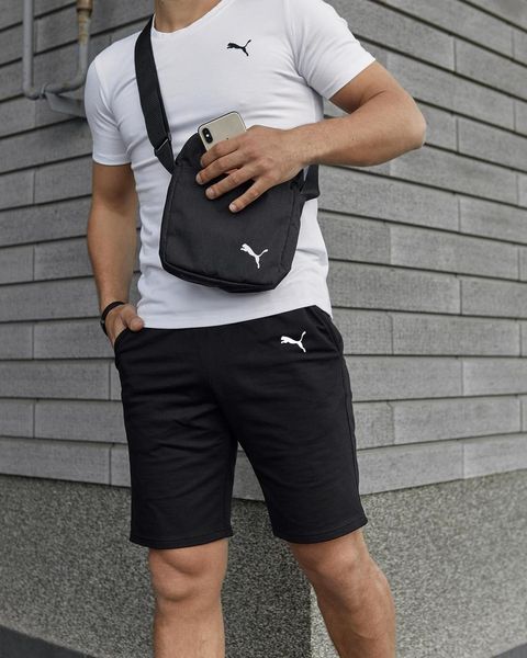Комплект чоловічий спортивний Puma біла футболка+чорні шорти+чорна барсетка костюм літній пума 2655165269 фото