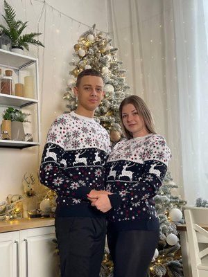 Светр новорічний з оленями чоловічий в'язаний вовняний L/XL 2384778133 фото