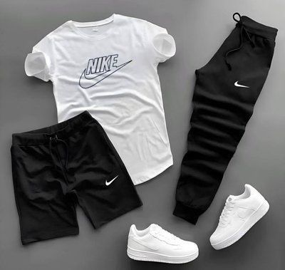 Чоловічий костюм літній шорти футболка штани Nike спортивний комплект найк чорний-білий XXL 2610896506 фото