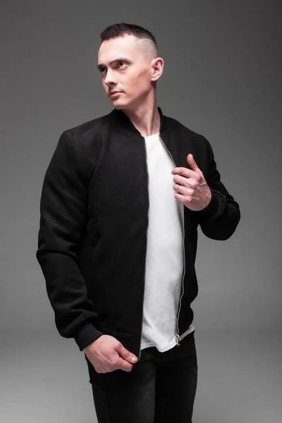 Бомбер чоловічий casual чорний з кашеміру куртка однотонна легка весна осінь з блискавкою комір-стійка XXL 2667541588 фото