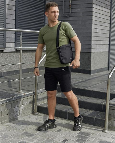 Комплект чоловічий спортивний Puma хакі футболка+чорні шорти+чорна барсетка костюм літній пума 2655165273 фото