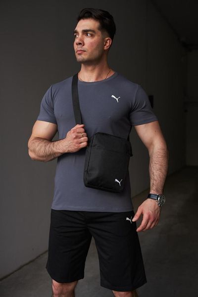 Комплект чоловічий спортивний Puma темно-сіра футболка+чорні шорти+чорна барсетка костюм літній пума 2655165284 фото