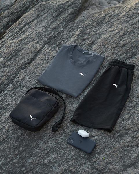 Комплект чоловічий спортивний Puma темно-сіра футболка+чорні шорти+чорна барсетка костюм літній пума 2655165284 фото