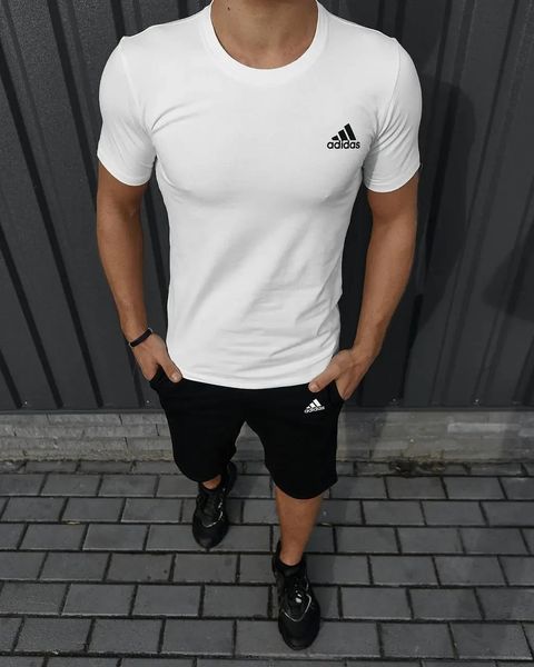 Комплект спортивний чоловічий Adidas біла футболка+чорні шорти костюм літній трикотажний адідас повсякденний M 2656561710 фото