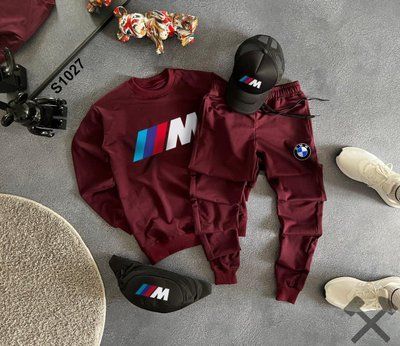 Комплект мужской Bmw Motorsport бордовый спортивный костюм свитшот штаны кепка бананка бмв весна лето осень L 2626177851 фото