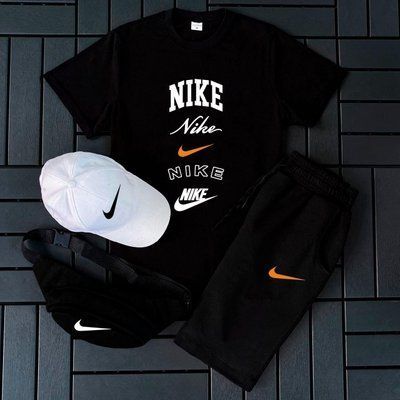 Літній чоловічий костюм Nike чорний Футболка+Шорти+ Кепка біла +Бананка у подарунок M 2609180081 фото