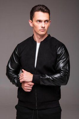Куртка бомбер чоловічий базовий чорний з кашеміру зі шкіряними рукавами легкий однотонний повсякденний L 2667566023 фото