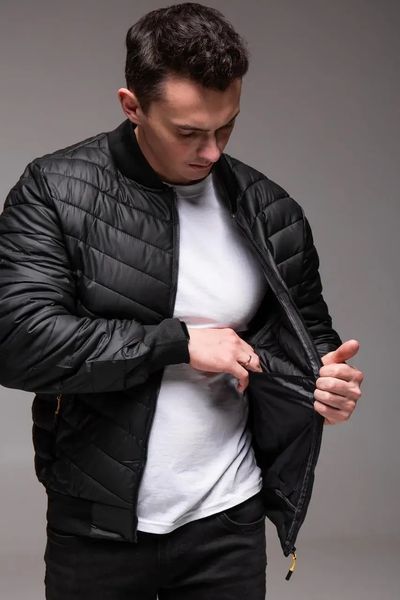 Бомбер мужской casual черный утепленный куртка однотонный с молнией эко-кожа весна осень повседневный L 2669281422 фото