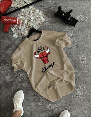 Футболка мужская оверсайз Chicago Bulls бежевая с принтом широкая тенниска на лето M 2601851063 фото