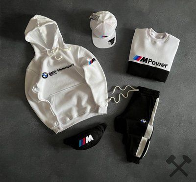 Cпортивный мужской костюм Bmw Motosport черный зимний теплый комплект худи свитшот штаны кепка бананка бмв 2630414887 фото