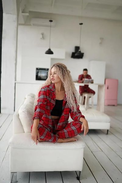 Червоний всесезонний стильний домашній костюм-піжамка сорочка + брюки L 2563481382 фото