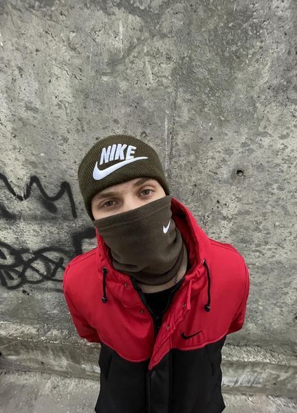 Комплект мужской: шапка с добавлением шерсти Nike хаки+баф флисовый Nike хаки+перчатки флисовые хаки 2375348383 фото