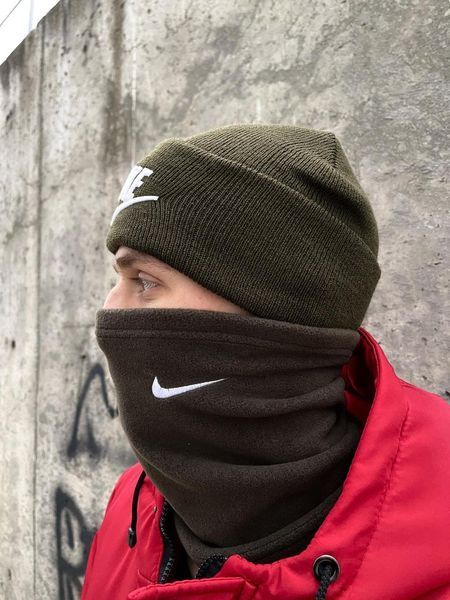 Комплект мужской: шапка с добавлением шерсти Nike хаки+баф флисовый Nike хаки+перчатки флисовые хаки 2375348383 фото