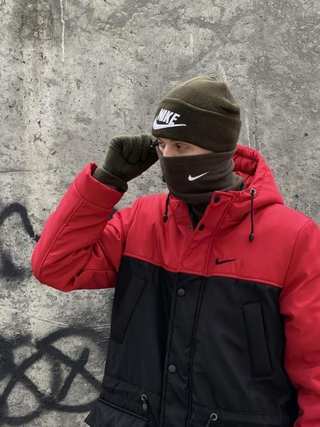 Комплект мужской: шапка с добавлением шерсти Nike хаки+баф флисовый Nike хаки+перчатки флисовые хаки 2375348383 фото