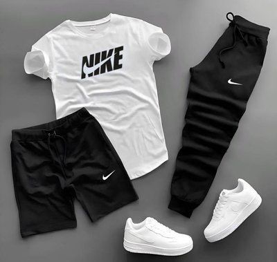 Костюм чоловічий літній шорти футболка штани Nike спортивний комплект чорний-білий 2610624941 фото