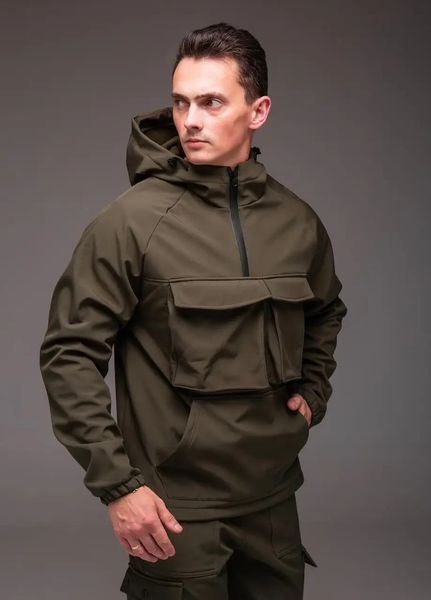 Куртка чоловіча Анорак Softshell хакі на флісі водовідштовхувальна з капюшоном легка весна осінь повсякденна 3XL 2667375362 фото