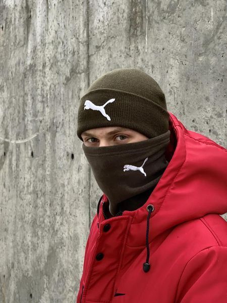 Комплект мужской: шапка с добавлением шерсти Puma хаки+баф флисовый Puma хаки+перчатки флисовые хаки 2375348384 фото