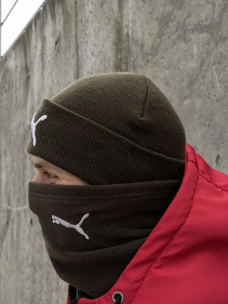 Комплект мужской: шапка с добавлением шерсти Puma хаки+баф флисовый Puma хаки+перчатки флисовые хаки 2375348384 фото