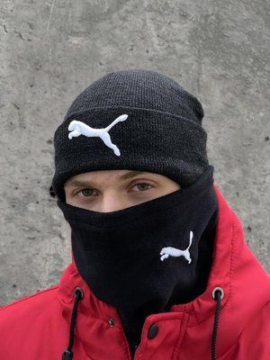 Комплект мужской: шапка с добавлением шерсти Puma темно-серый меланж+баф флисовый Puma черный+перчатки 2375348385 фото