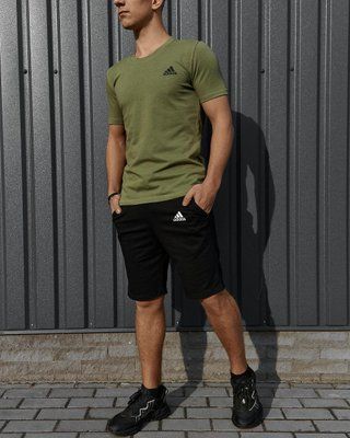 Комплект спортивний чоловічий Adidas хакі футболка+чорні шорти костюм літній трикотажний адідас повсякденний L 2656562938 фото