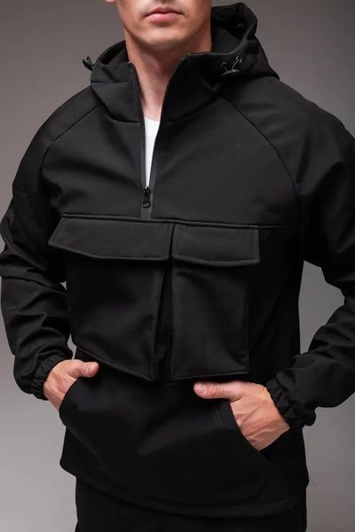 Куртка чоловіча Анорак Softshell чорна на флісі водовідштовхувальна з капюшоном легка весна осінь повсякденна M 2667376282 фото