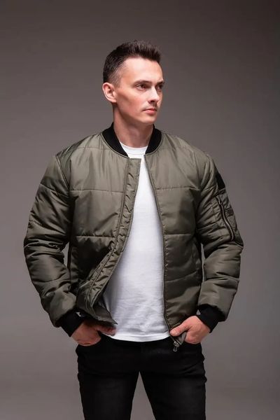 Куртка бомбер чоловіча хакі утеплена кишеня на рукаві вітрозахисна тепла осінь весна повсякденна L 2667670890 фото