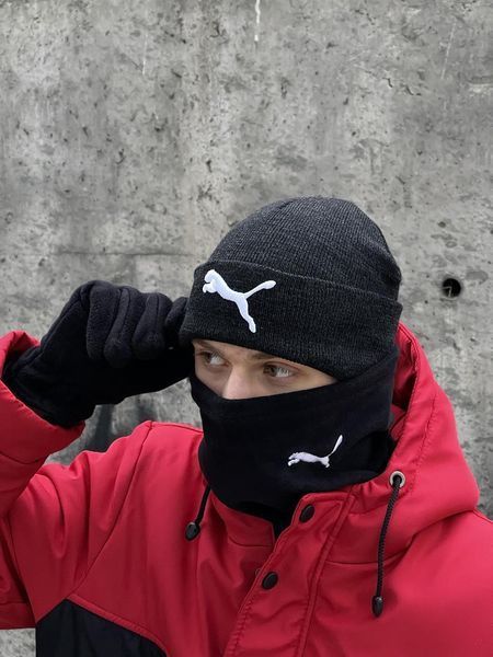 Комплект мужской: шапка с добавлением шерсти Puma темно-серый меланж+баф флисовый Puma черный+перчатки 2375348385 фото