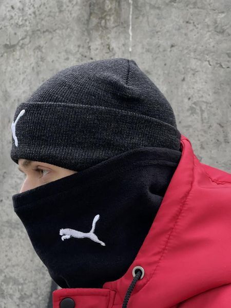 Комплект мужской: шапка с добавлением шерсти Puma темно-серый меланж+баф флисовый Puma черный+перчатки 2375348385 фото