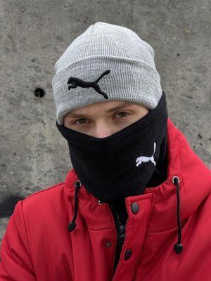 Комплект мужской: шапка с добавлением шерсти Puma серый меланж + баф флисовый Puma черный + перчатки флисовые 2375348386 фото