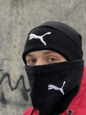 Комплект мужской: шапка с добавлением шерсти Puma черная + баф флисовый Puma черный + перчатки флисовые черные 2375348387 фото