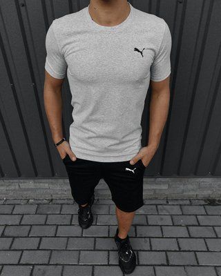 Комплект чоловічий спортивний Puma сіра футболка+ чорні шорти костюм літній трикотажний пума повсякденний 2655165300 фото