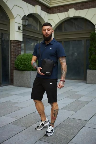 Спортивный комплект мужской Nike поло темно-синяя+шорты черные+барсетка летний костюм трикотажный повседневный L 2657716888 фото