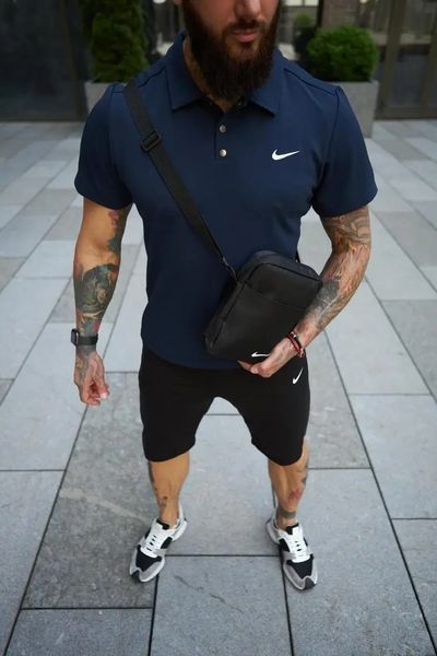 Спортивный комплект мужской Nike поло темно-синяя+шорты черные+барсетка летний костюм трикотажный повседневный L 2657716888 фото