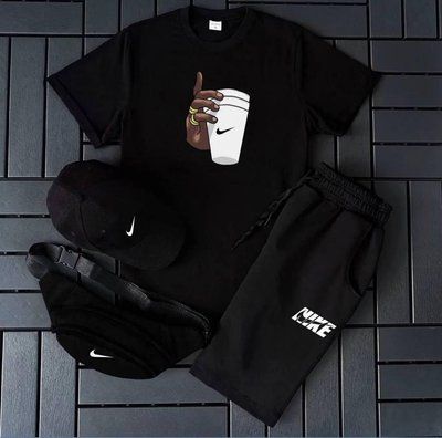 Літній чоловічий костюм Nike чорний Футболка+Шорти+ Кепка+Бананка у подарунок XL 2609078583 фото