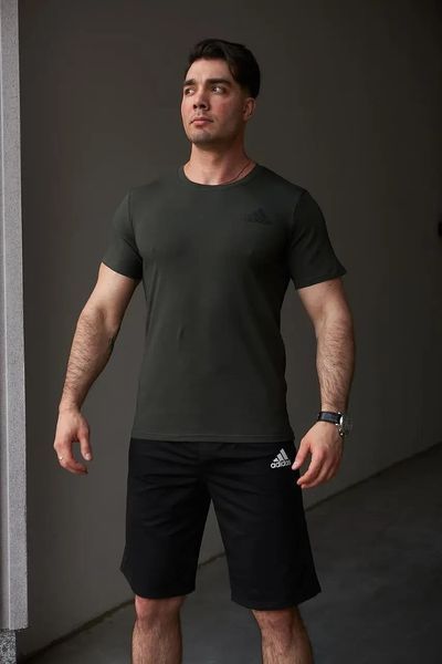 Комплект спортивний чоловічий Adidas хакі футболка+чорні шорти костюм літній трикотажний адідас повсякденний 3XL 2656562941 фото