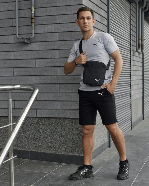 Комплект чоловічий спортивний Puma сіра футболка+чорні шорти+чорна барсетка костюм літній пума 3XL 2656518656 фото
