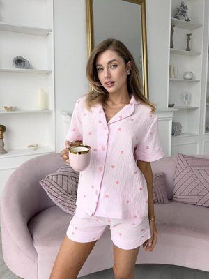 Женская пижама Муслина с шортами, Сердца розовые на розовом 2342054907 фото