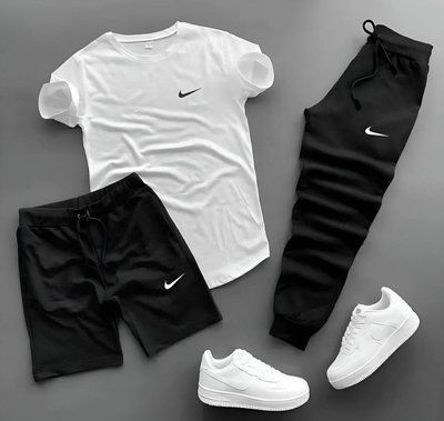 Мужской костюм летний шорты футболка штаны Nike спортивный комплект найк черный-белый L 2610873592 фото