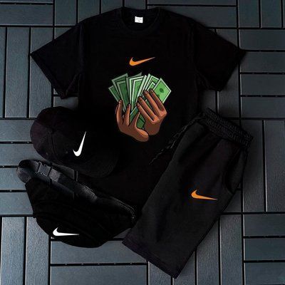 Літній чоловічий костюм Nike чорний Футболка+Шорти+ Кепка+Бананка у подарунок XL 2609218905 фото