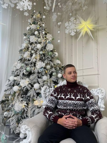 Светр новорічний з оленями чоловічий в'язаний вовняний 2384778150 фото