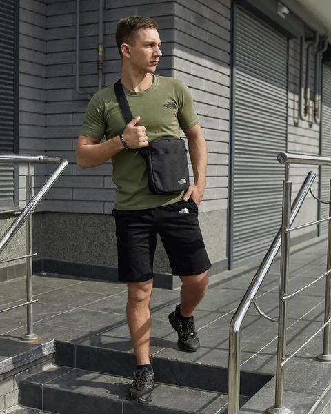 Комплект спортивний чоловічий The North Face футболка хакі+шорти чорні+барсетка літній костюм норс фейс L 2657545192 фото