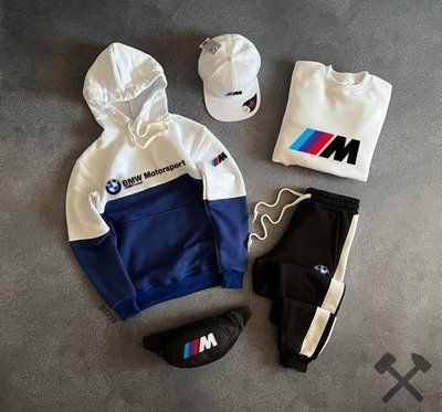 Cпортивный мужской костюм Bmw Motosport белый зимний теплый комплект худи свитшот штаны кепка бананка бмв 2630429638 фото