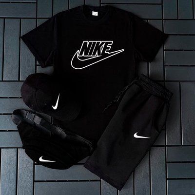 Літній чоловічий костюм Nike чорний Футболка+Шорти+ Кепка+Бананка у подарунок L 2609153198 фото