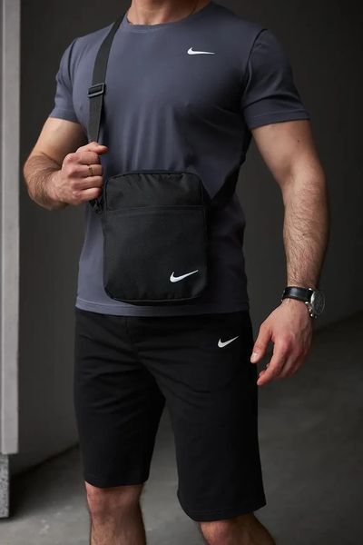 Спортивний комплект чоловічий Nike темно-сіра футболка+чорні шорти+барсетка літній костюм трикотажний найк 3XL 2656669728 фото