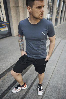 Комплект чоловічий спортивний Puma темно-сіра футболка+чорні шорти костюм літній бавовняний повсякденний пума M 2655653349 фото